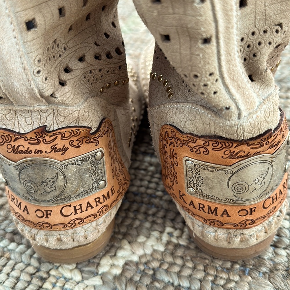 Karma of Charme laser-cut, embossed and gold studded soft leather slouch boots. - Picture 6 of 10